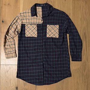 Nasty Gal Two-Tone Plaid Button-Down Dress - Navy & Beige